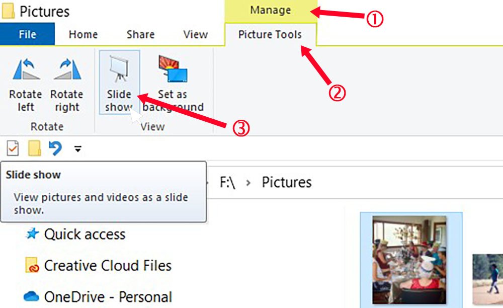 Screenshot: Manage tab on File Explorer with Picture Tools and Slide Show